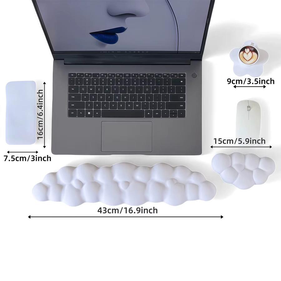 4-teiliges Cloud-Tastatur-Handgelenkauflagen-Set aus PU-Leder in Weiß mit rutschfester Basis und floraler Tassenmatte - Bild 2