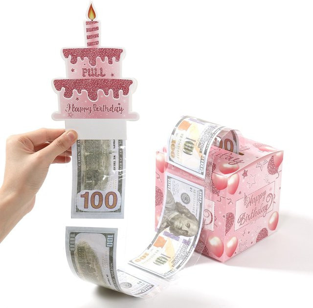 PATIMATE Geburtstags-Spardose in Pink mit herausziehbarer Happy Birthday Karte als Geldgeschenkbox für Kinder und Erwachsene - Bild 1