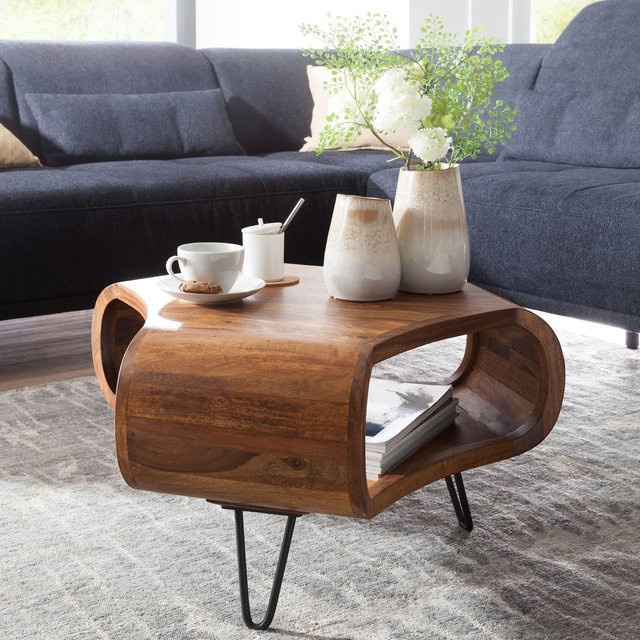 FineBuy Couchtisch aus Sheesham Massivholz in Braun mit Metallbeinen im Retro-Design - Bild 1