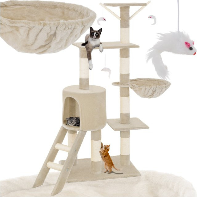 tectake Kratzbaum Dominik in Beige mit Katzenhaus, Sisal und integriertem Spielzeug, H x B x T: 144 x 49 x 35 cm - Bild 1