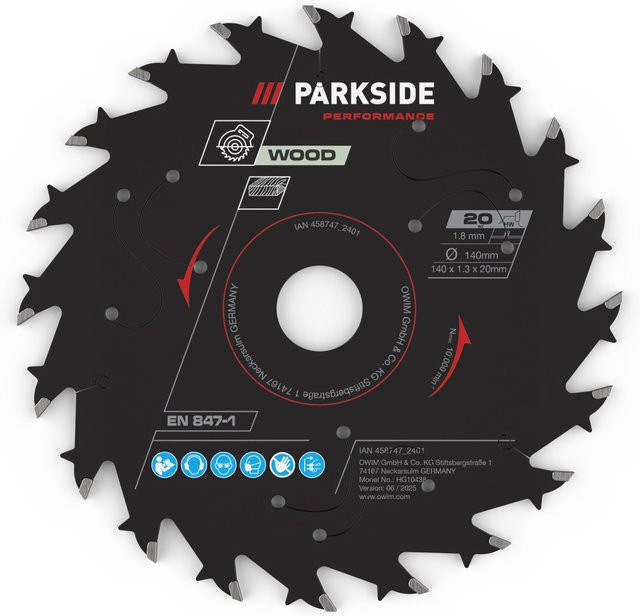 Parkside Performance Carbide-Tipped Kreissägeblatt für Holz und Metall, Durchmesser: 140 mm, 20 Zähne, Schwarz - Bild 1