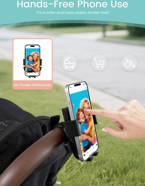 Kinderwagen-Telefonhalter mit 360-Grad-Drehung und Einhandbedienung in Grau und Schwarz - Bild 1