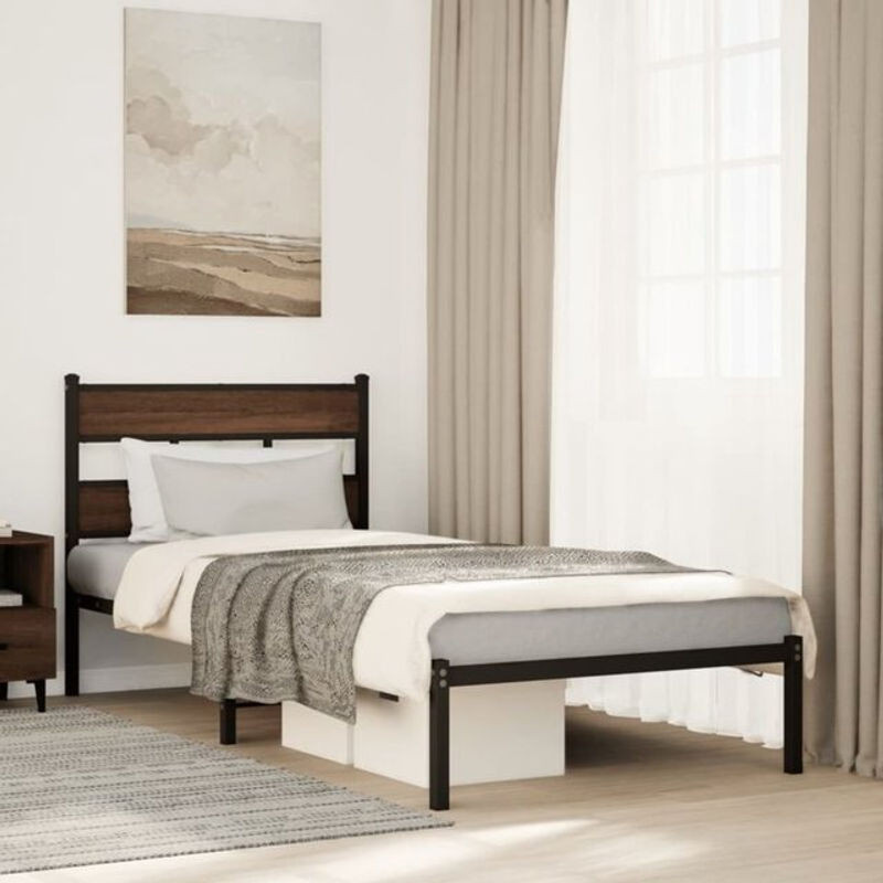 Vidaxl Metallbett im Industrial Design mit Kopfteil aus Holzwerkstoff, Braun, B: 100 cm, L: 190 cm - Bild 1