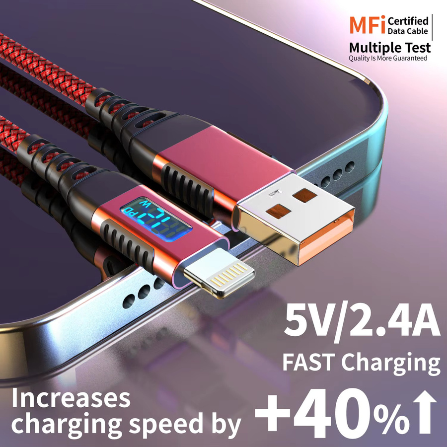 LAIHONEN MFi-zertifiziertes USB-A zu Lightning Ladekabel mit LED-Anzeige in Rot für 12W Schnellladung, kompatibel mit iPhone 8-14 und iPad - Bild 3