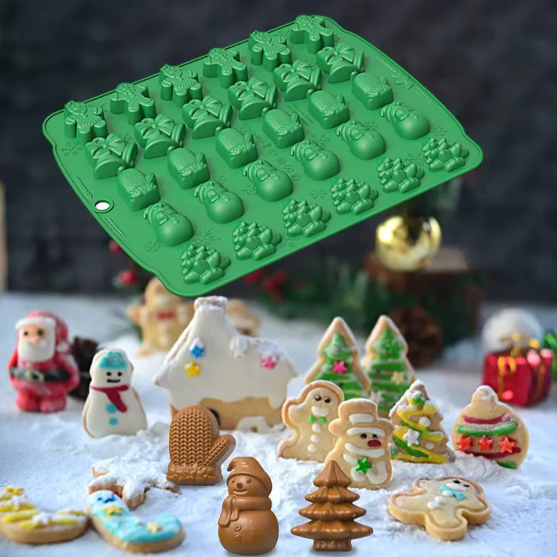Silikon Backform für Schokolade und Gummy Candy mit Weihnachtsformen wie Lebkuchenmann, Baum und Schneemann, transparent und grün - Bild 1