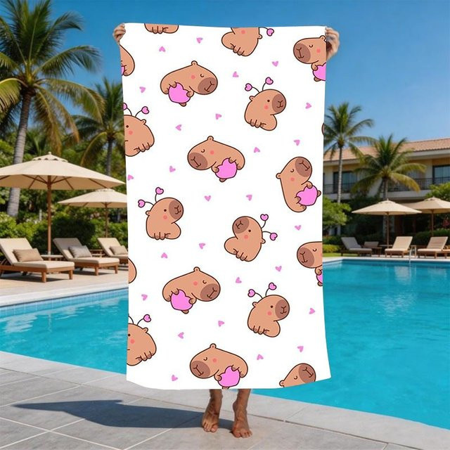 JMG Household Supplies Kawaii Capybara Strandtuch aus Mikrofaser, sandfreies und schnelltrocknendes Badetuch, Weiß, B/T: 70 x 140 cm - Bild 1