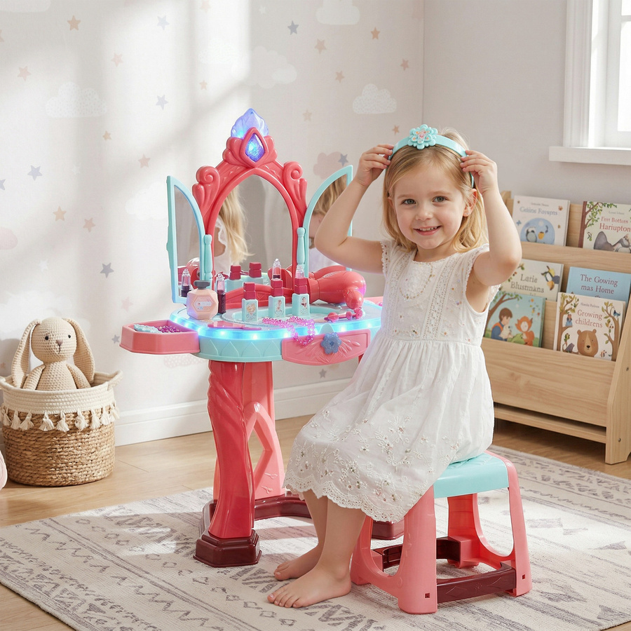 AIYAPLAY Schminktisch für Mädchen mit Hocker, Spiegel, Licht, Musik, Mehrfarbig, 3-6 Jahre - Bild 2