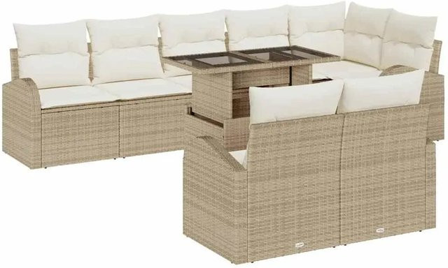 vidaXL Garten-Sofa-Set aus Polyrattan in Beige, 9-teiliges Lounge-Set mit integriertem Stauraum und Polsterkissen - Bild 1
