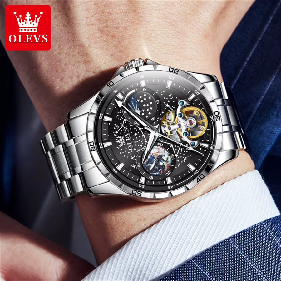 OLEVS Chronograph, Automatik, Edelstahl, Schwarz, Silber, Herren - Bild 5