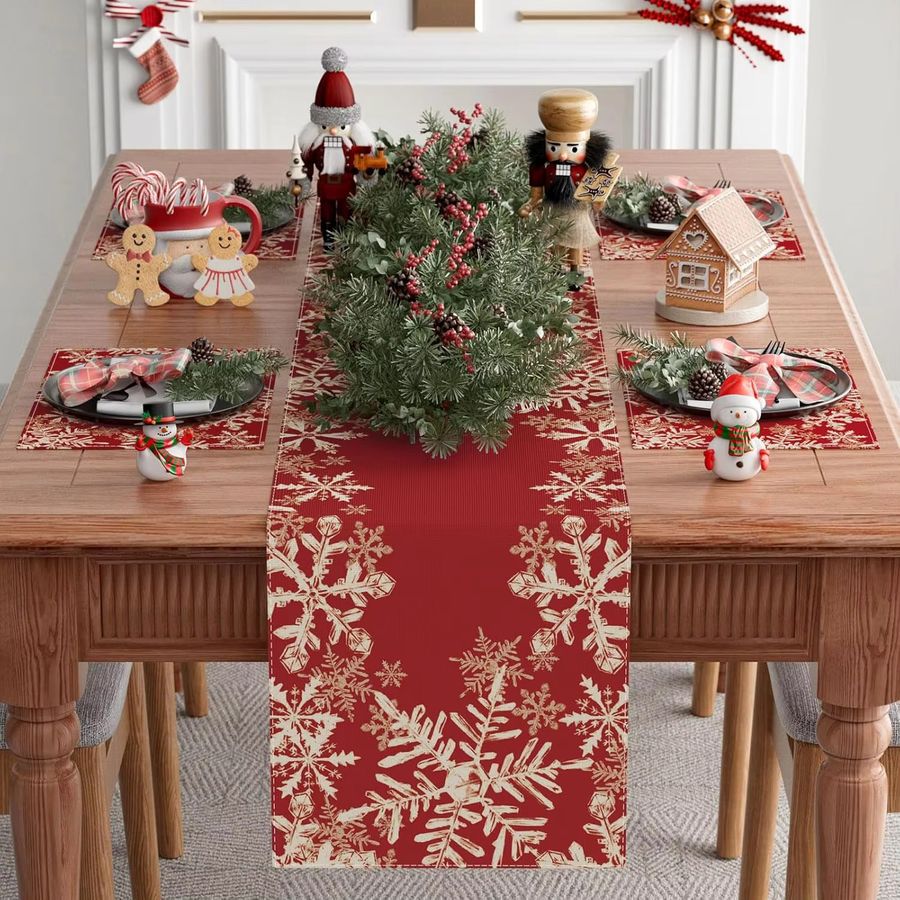 VIKAMA Tischläufer mit rotem Schneeflocken-Muster für die Weihnachtsdekoration in Küche und Restaurant - Bild 2