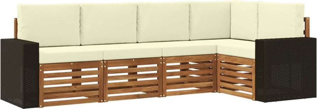 vidaXL Ecksofa Set aus Massivholz Akazie und Stoff in Natur und Beige mit 5 Kissen, modern und wendbar - Bild 1