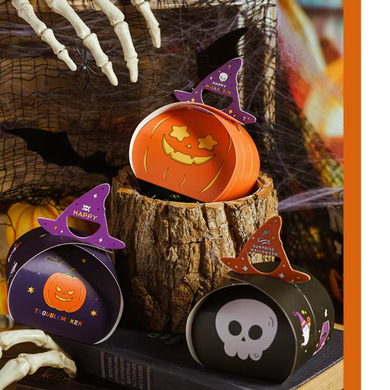 10 Stück Halloween Candy Box mit Cartoon Geist und Kürbis als leere Party Snack Verpackung aus Papier in Orange - Bild 3