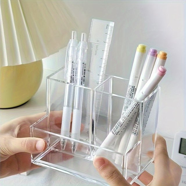 Transparenter Acryl-Stifthalter mit drei Fächern als Desktop-Aufbewahrungsbox für deinen Schreibtisch - Bild 1