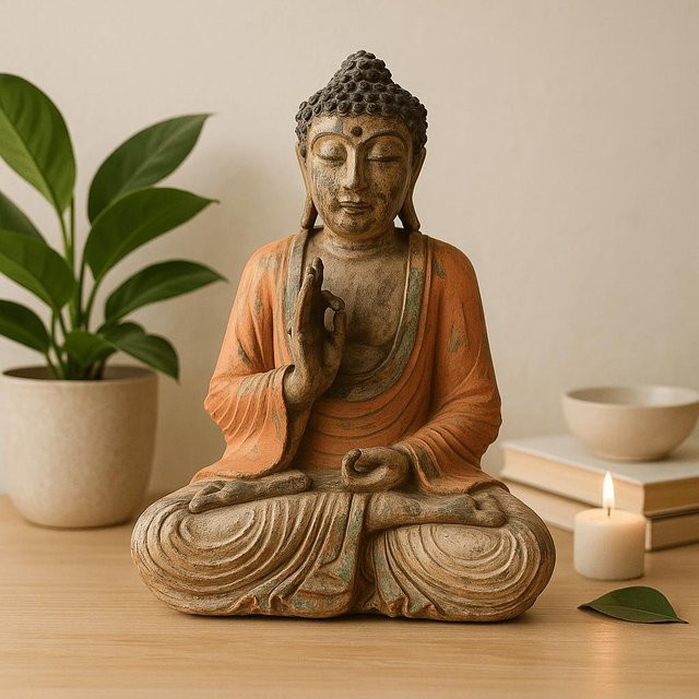 Handgeschnitzte Buddha-Statue von SHAMTAM in Vintage Orange und Steingrau aus Holz, Höhe: 40 cm - Bild 1
