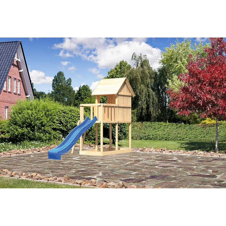 Karibu Kinderspielhaus Frieda Set mit Anbau und Rutsche in Natur und Blau - Bild 2