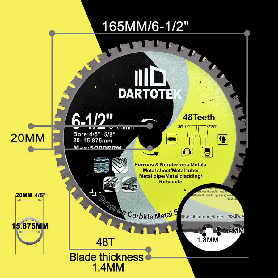 DARTOTEK Kreissägeblatt mit 48 Zähnen und Hartlegierung zum Schneiden von Metall und Stahl, Durchmesser: 165 mm - Bild 3