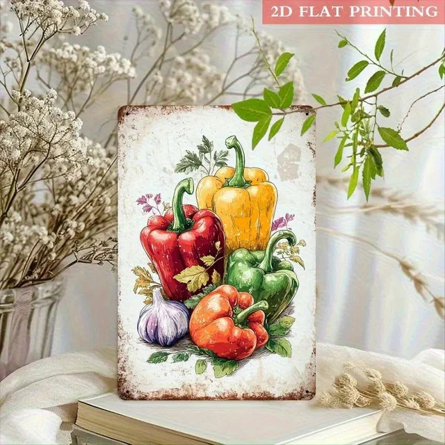 MINISO Vintage Farmhouse Chili & Garlic Metallschild – Rechteckige Wandkunst aus Eisen in Mehrfarben für Küche und Garten - Bild 1