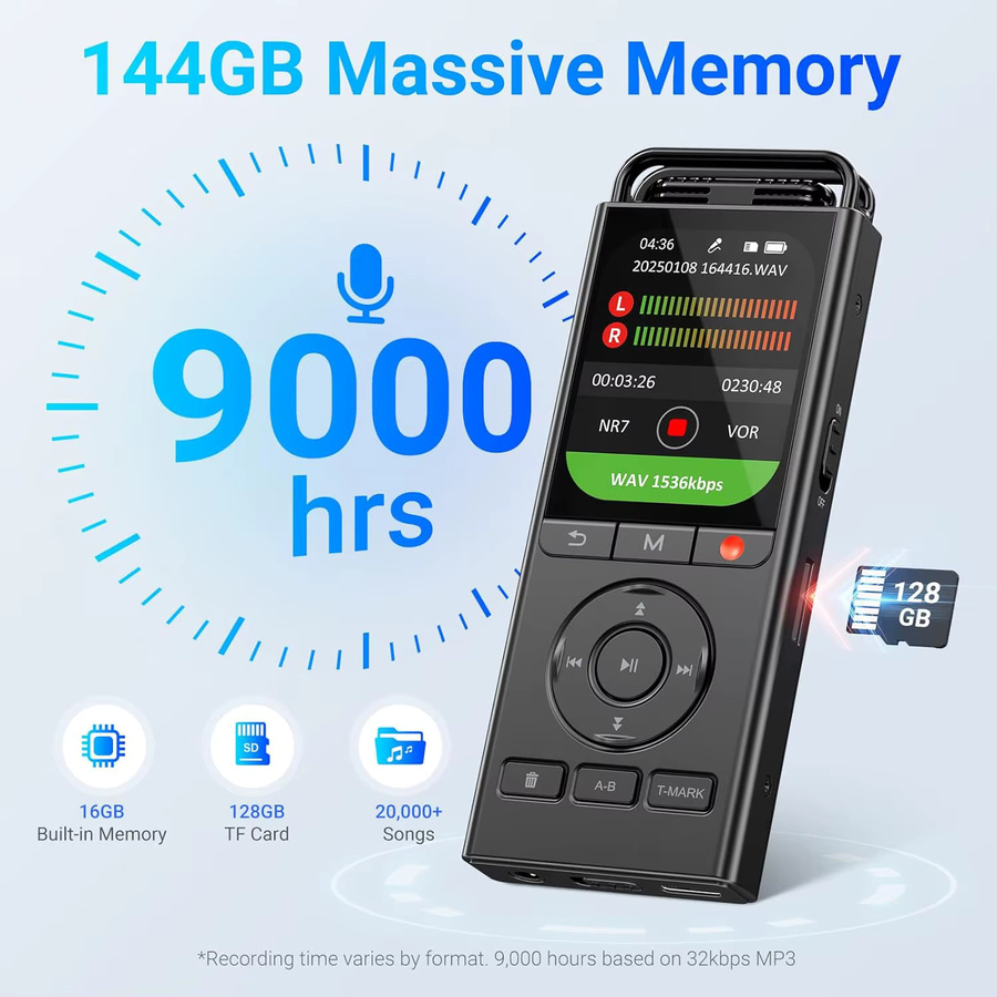 MECHEN Digitaler Sprachrekorder mit 144GB Speicher und Wiedergabefunktion, Schwarz - Bild 2