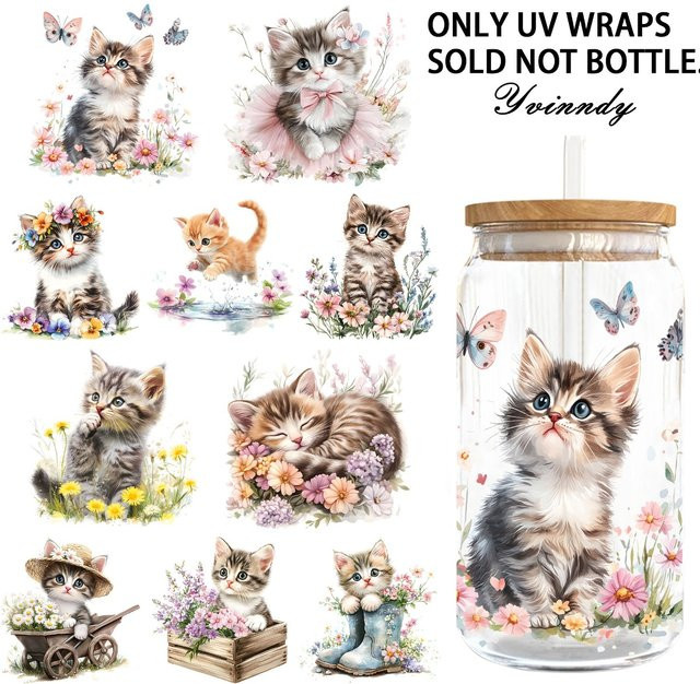 4er Set UV DTF Transferpapier Frühlings-Aquarell-Kätzchen in Hellbeige für DIY Tumbler-Dekorationen - Bild 1