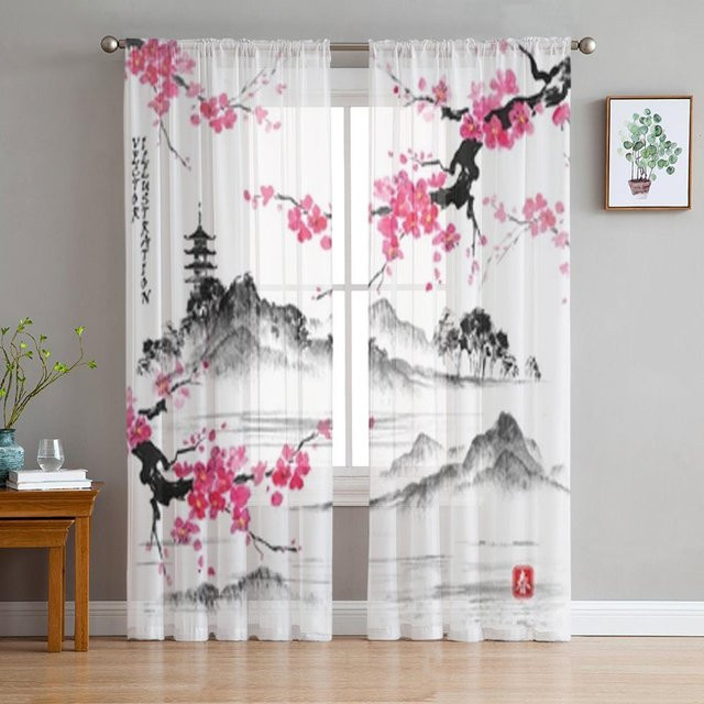 Transparente Voile-Tüll-Vorhänge mit japanischer Sakura-Landschaft von A Family Of Home Textiles, Farbe Weiß, B: 135 cm, H: 183 cm - Bild 1
