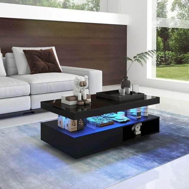 Couchtisch MUVOE in Schwarz Hochglanz mit 4 Glasplatten und 2 Schubladen, B/T/H: 95 x 50 x 42,5 cm - Bild 1
