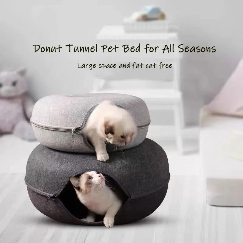 Yiran Furniture Filz-Katzenbett Donut-Haustiertunnel als interaktives Spielzeug und Nest in Hellgrau, Durchmesser: 50 cm, Höhe: 20 cm - Bild 2
