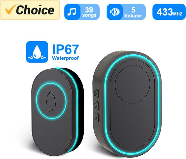 Earykong Drahtlose Smart Home Türklingel in Schwarz, Wasserdichter IP67 Außenknopf mit LED-Blitz und Sicherheitsalarm - Bild 1