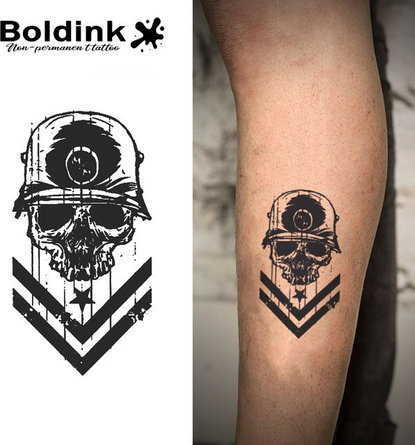 Boldink Temporäres Tattoo Totenkopf mit Helm, wasserfest, semi-permanent - Bild 1