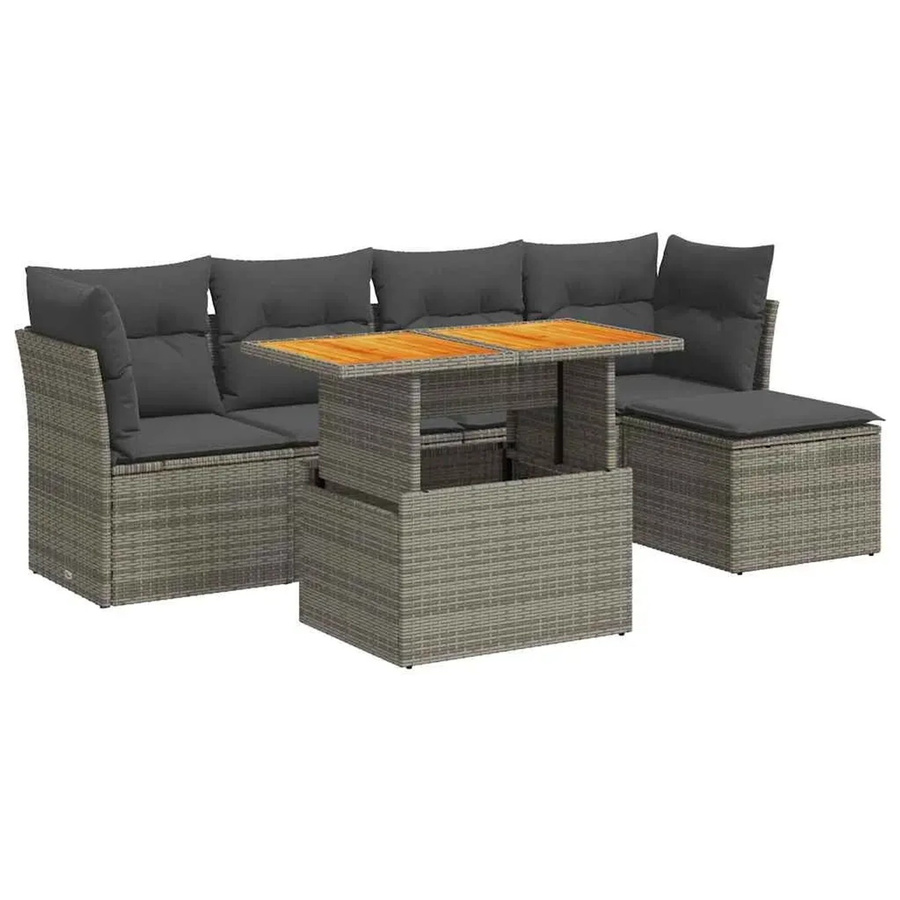 vidaXL 6-teilige Garten-Sofagarnitur in L-Form aus grauem Poly-Rattan mit Kissen und Akazienholz - Bild 2