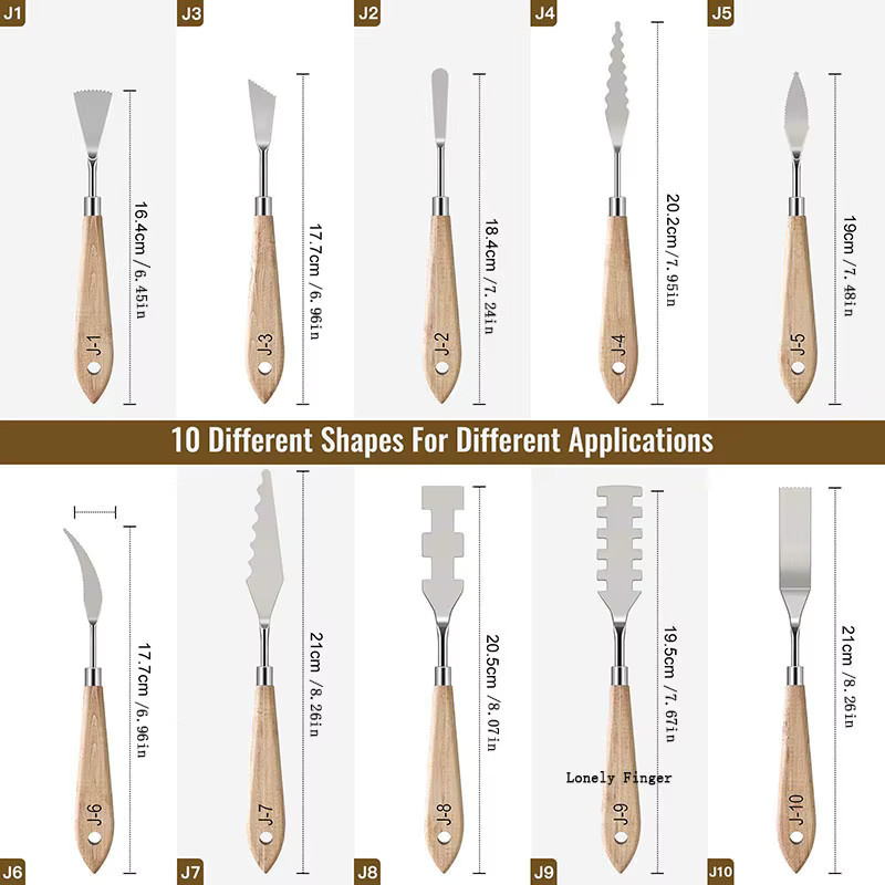 10-teiliges Spachtelmesser-Set aus Edelstahl mit Holzgriff in Silber für Ölgemälde - Bild 2