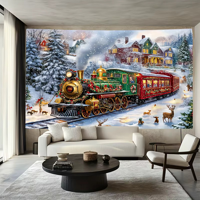 VIKAMA Weihnachtliche Tapisserie mit Schneeszene und Zug als Wanddekoration für Wohnzimmer und Partyräume - Bild 3