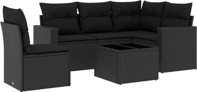vidaXL 6-tlg Garten-Sofagarnitur aus Poly-Rattan mit Kissen und Glastisch in Schwarz - Bild 1