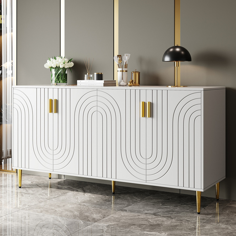 Moderne Anrichte von Aosom mit Wellen-Design und goldenen Griffen in Weiss, B/T/H: 152 x 40 x 75 cm - Bild 2