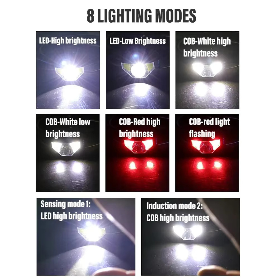 XIWANGFIRE Wiederaufladbarer LED-Scheinwerfer mit Bewegungssensor, COB- und LED-Perlen, 8 Beleuchtungsmodi in Weiß und Rot, Stirnlampe für Angeln und Sport - Bild 5