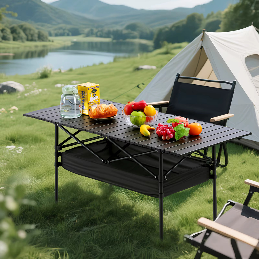 LIUSHADUOLA Outdoor-Tisch mit Netz-Taschen-Organizer, höhenverstellbar, schwarz, Metall - Bild 6