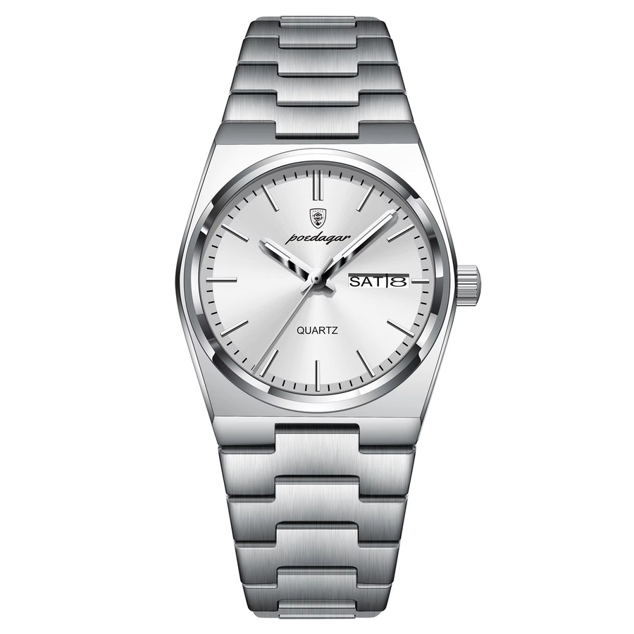 POEDAGAR Armbanduhr Edelstahl, Quarz, Silber, Damen, Datum, Wochentag - Bild 5