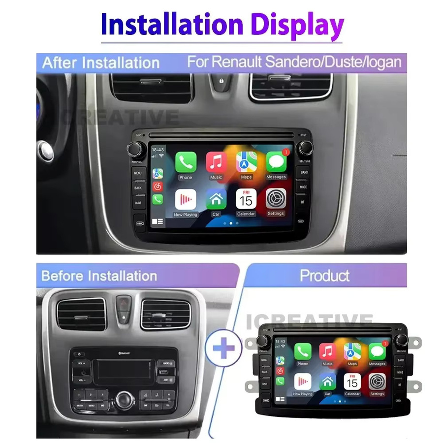 Icreative Android Autoradio mit Carplay und GPS Navigation für Dacia Logan Dokker Sandero Lodgy sowie Renault Captur Symbol in Schwarz - Bild 2