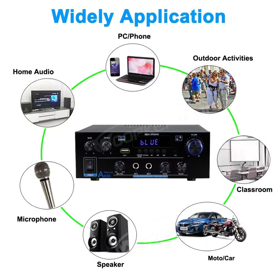 Woopker AK55 Digitalverstärker in Schwarz mit Bluetooth, USB, SD und FM-Radio für Hifi-Heimkino-Systeme - Bild 4