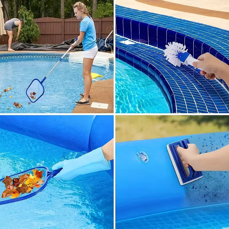 3-teiliges Pool-Reinigungsset in Blau mit Aluminiumstange, Blattschäumer und Poolbürste - Bild 3