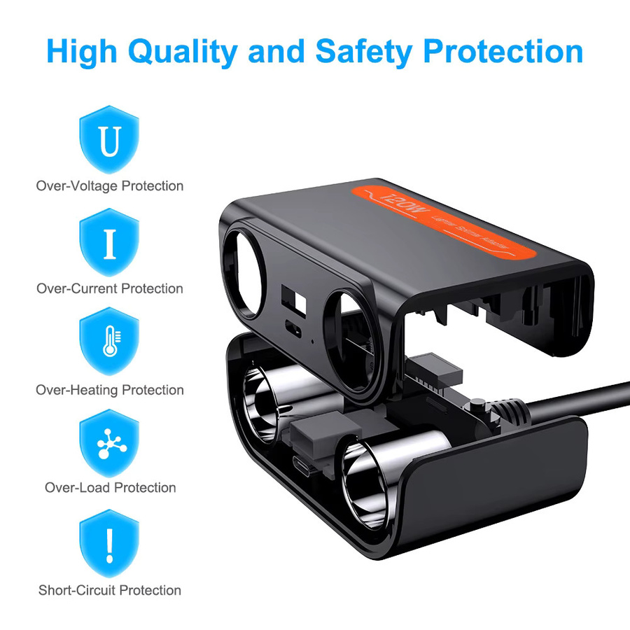 Kebidumei 7 in 1 USB Typ C Auto Zigarettenanzünder Splitter 120 W Schnellladegerät für 12 V 24 V mit Netzteil für Telefon, DVR und GPS in Schwarz - Bild 2