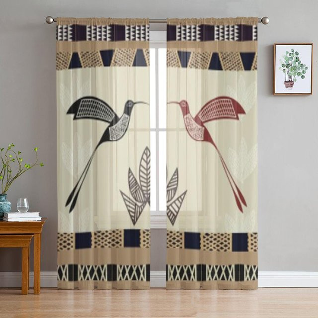 Super Six Transparente Tüll Vorhänge mit Bambus und Kolibris Motiv in Grau, Breite: 135 cm, Höhe: 114 cm - Bild 1