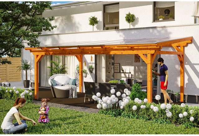 Skan Holz Terrassenüberdachung Sanremo aus Leimholz Eiche hell mit Polycarbonat-Dach B/T/H: 648 x 400 cm - Bild 1