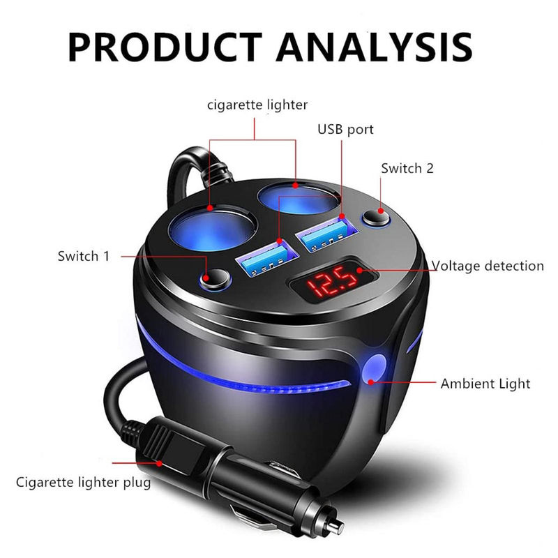 JadeBamboo Zigarettenanzünder-Adapter mit 2 USB-Schnellladestationen und 2 Steckdosen inklusive LED-Spannungsanzeige für 12-24V in Schwarz - Bild 5