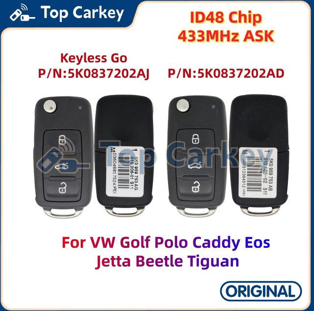 TopCarkey Original Flip Remote Key ID48 Chip 433 MHz in Schwarz für VW Golf Polo Caddy Eos Jetta Beetle Tiguan P/N: 5K0837202AD 5K0837202AJ - Bild 1