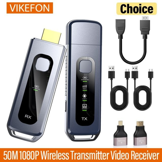 VIKEFON Drahtloser HDMI Video Extender Full HD 1080P Sender und Empfänger Set für Bildschirmspiegelung, Schwarz, Reichweite: 50 m - Bild 1