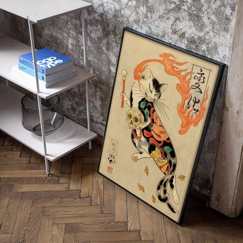 Potdemiel Leinwandbild Japanische Samurai Katze im 80s Retro Stil, Mehrfarbiges Vintage Wandbild für Wohnzimmer und Café - Bild 2