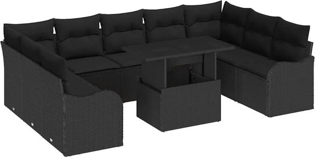 vidaXL Garten-Sofa-Set aus Poly-Rattan in U-Form mit Kissen, 10-teilig, Schwarz - Bild 1