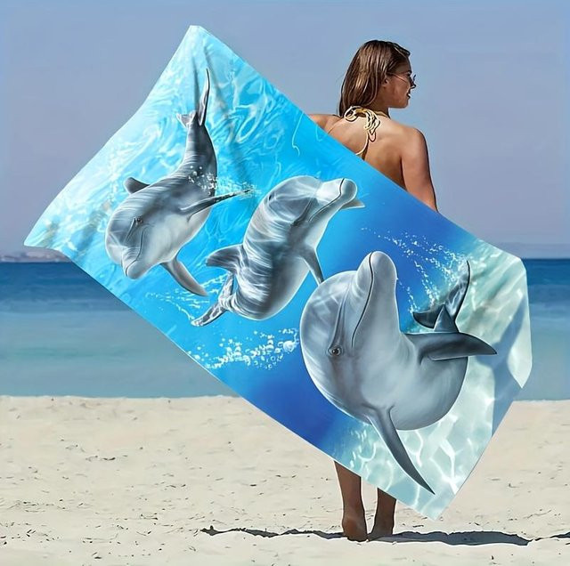 JMG Household Supplies Strandtuch mit Delfin-Print in Blau, weich und schnelltrocknend für Kinder, B/B: 90 x 180 cm - Bild 1