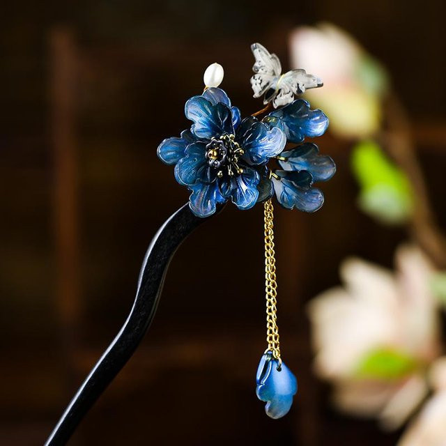 LChome Haarnadel, chinesischer Stil, Quastenblumen, grau, Damen - Bild 1