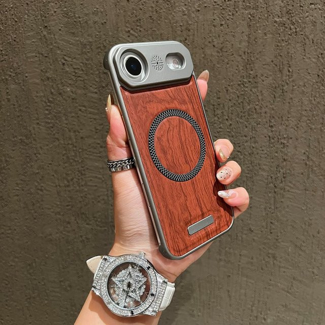 Magnetische iPhone-Hülle aus Metall mit Holzmaserung in Braun für iPhone 17 Pro Max 16 15 14 13 12 Pro Plus Business-Handyhülle - Bild 1
